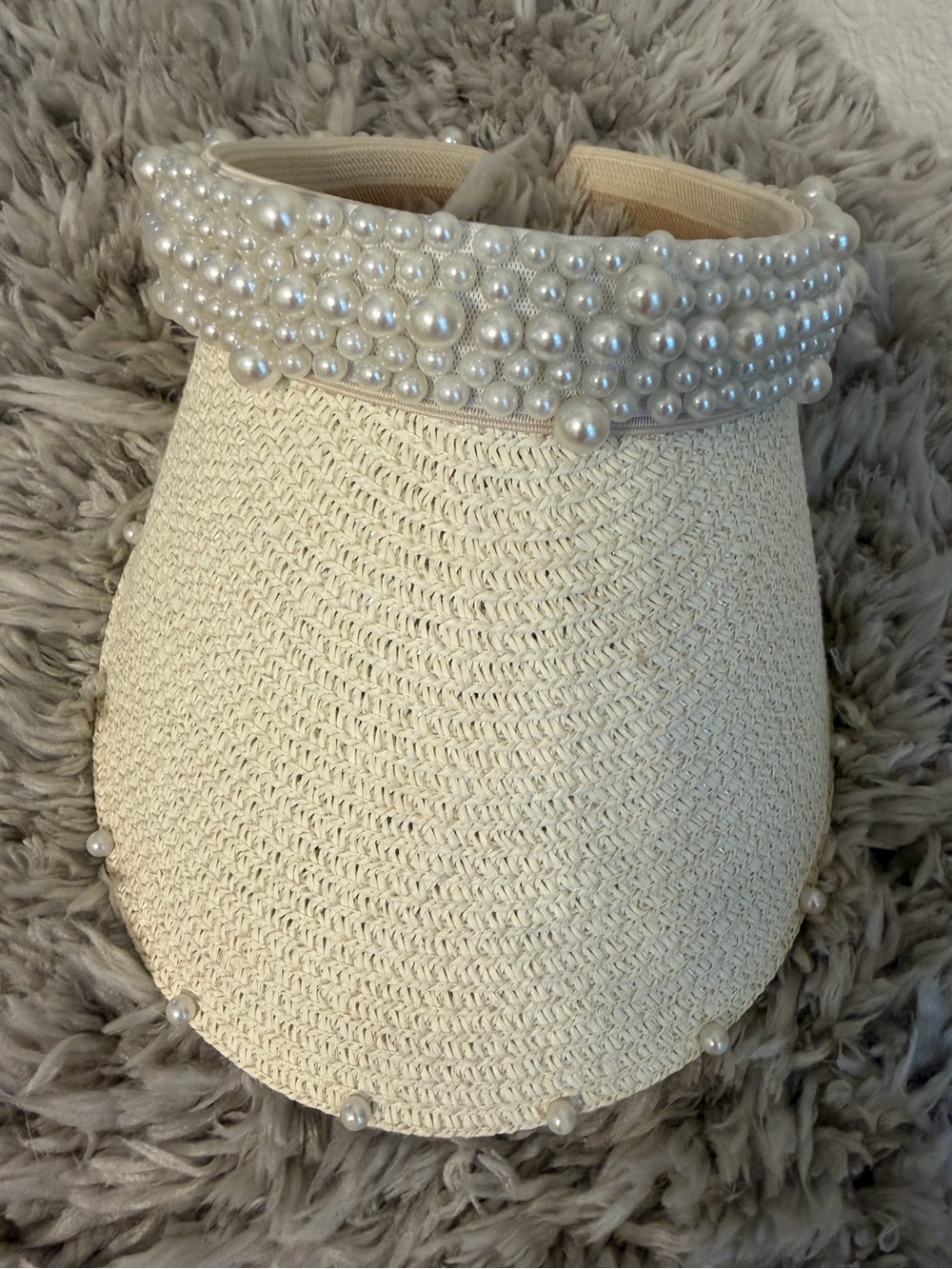 High quality Pearl-Embellished Straw Visor Hat - Cream - Picture 4 of 8